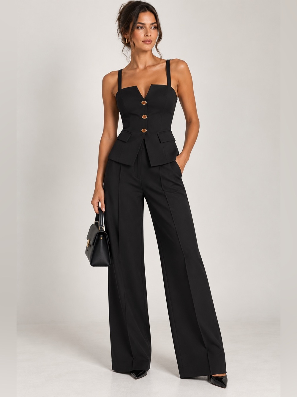 COMMENSE Button Detail Cami Top & Wide Leg Pant Set